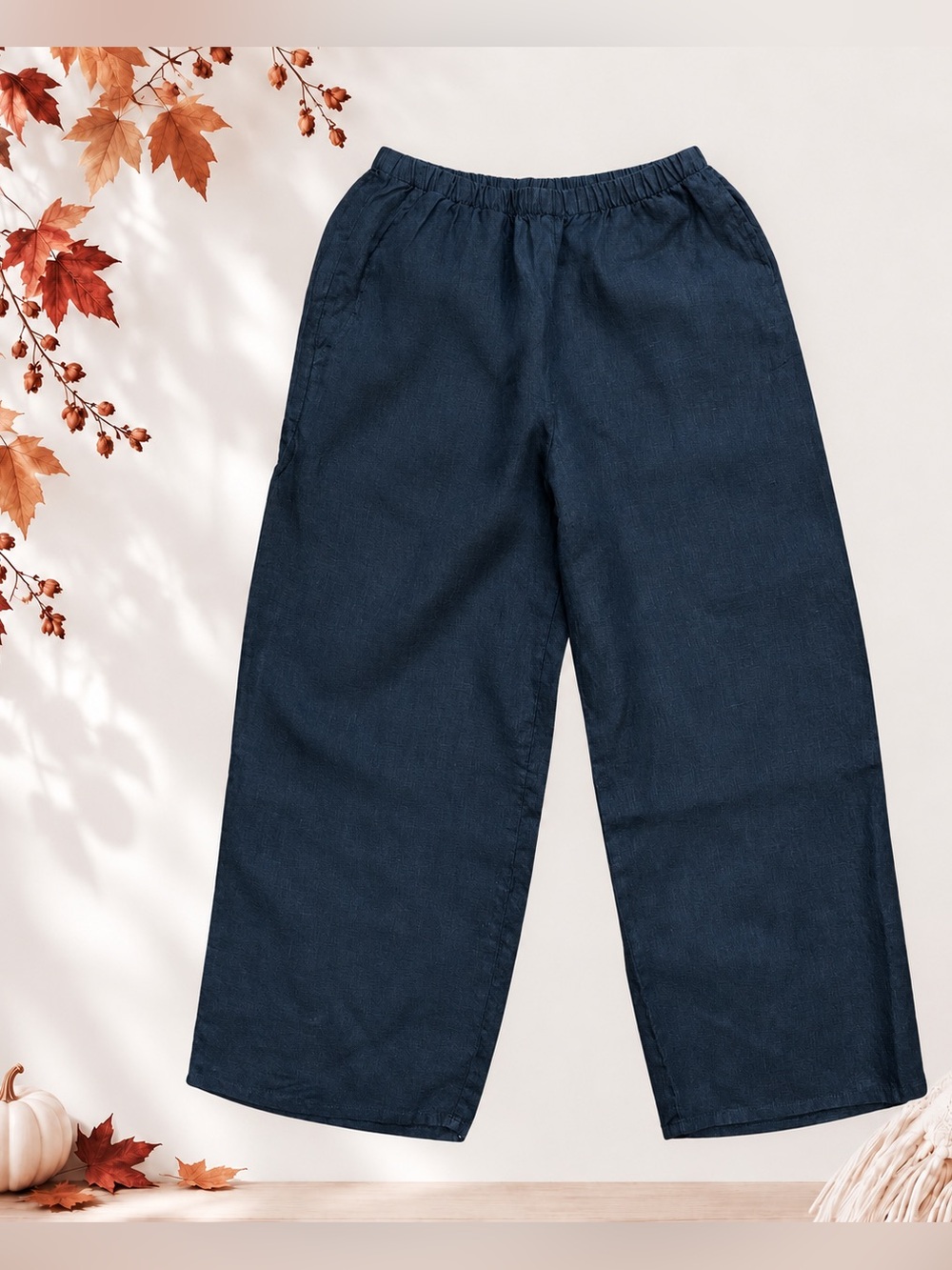 Flax 100% Linen Black Wide-Leg Elastic Waist Cropped Pants